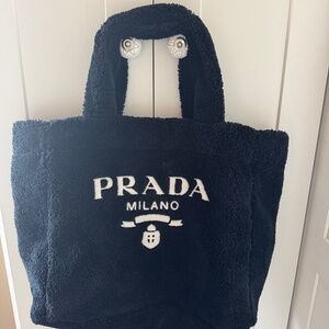 AUTHENTIC PRADA BLACK TOTE BAG/ TERRY CLOTH/ WHITE EMBROIDERY LARGE
